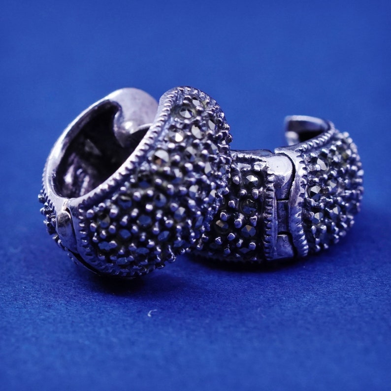 Stamped 925 JJ 0.5\u201d huggie 925 hoops with marcasite vintage Judith Jack Sterling silver handmade earrings