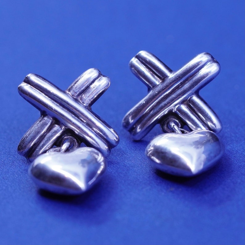 925 cross with heart Dangles Vintage Sterling silver handmade earrings stamped 925