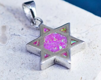 Vintage Sterling silver handmade pendant, 925 hexagram star opal charm, stamped 925