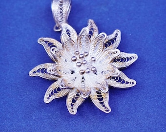 Vintage Sterling silver handmade pendant, 925 filigree flower, stamped 925