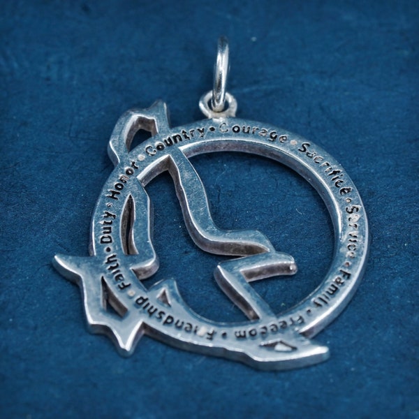 Vintage sterling silver handmade pendant, 925 peace dove bird “family freedom friendship faith duty honor country courage sacrifice service“
