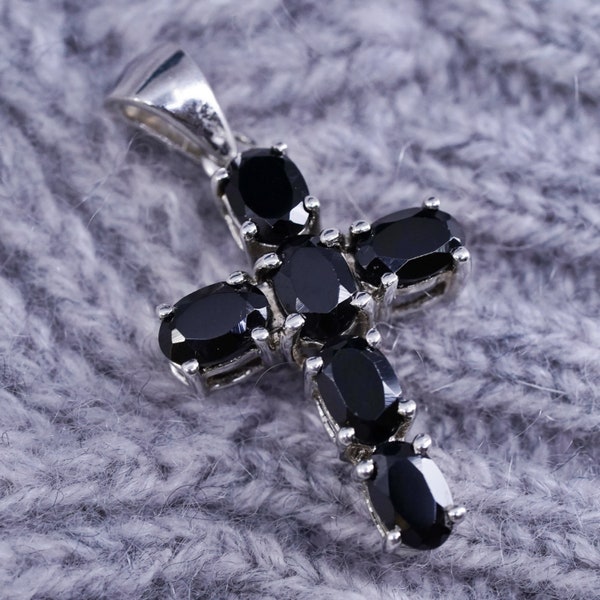 Vintage sterling silver handmade pendant, 925 cross with black spinels, stamped 925