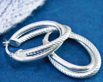 1.25”, vintage Sterling silver handmade earrings, 925 entwined hoops