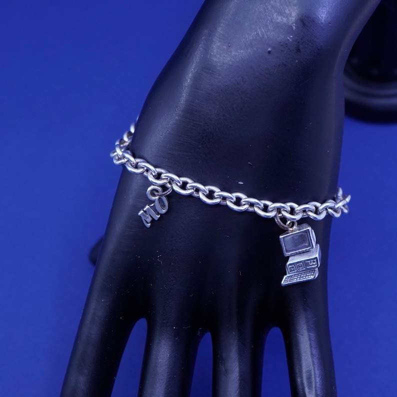 vintage Viking Sterling silver handmade bracelet 5mm 7\u201d 925 bold circle chain with engagement ring computer MO charms stamped 925