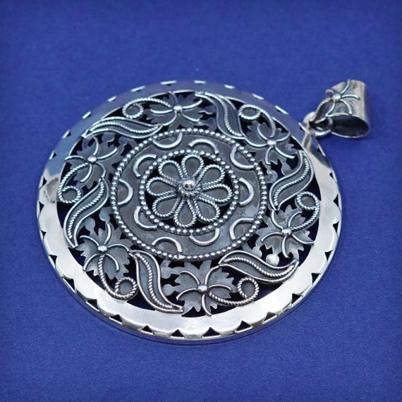 Vintage sterling silver handmade HUGE pendant, huge 925 bali flower pendant