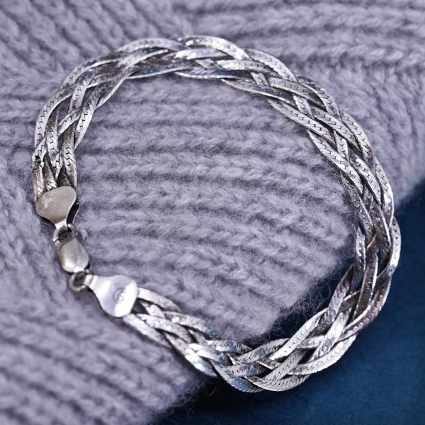 7", 8mm, vintage Sterling silver bracelet, textured 925 herringbone woven chain, stamped 925 Italy