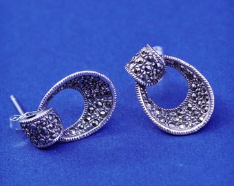 Vintage sterling silver handmade earrings, 925 teardrop studs with marcasite details, stamped 925