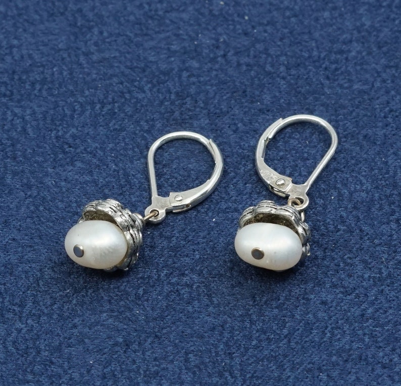 solid 925 silver hooks with pearl drops 500509 stamped 925 Sterling silver handmade earrings Vintage