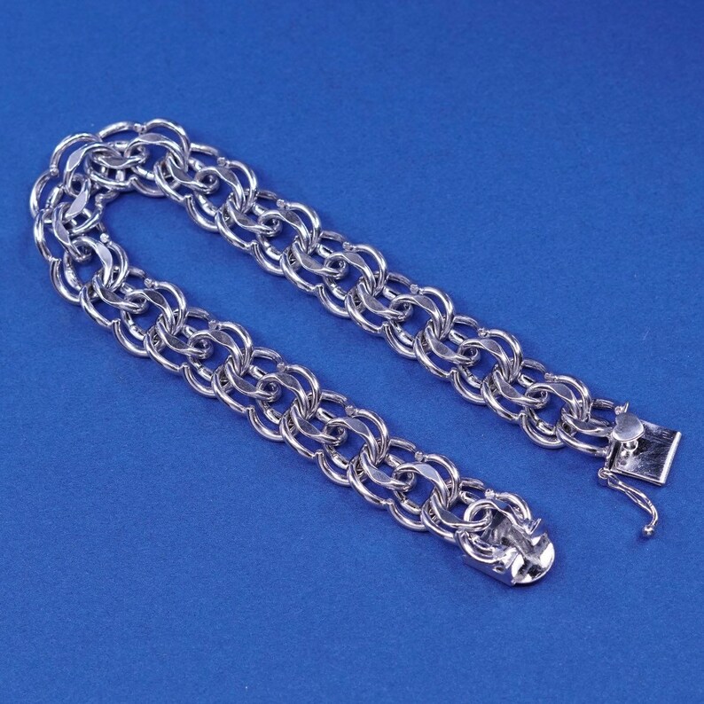 530151 12mm Sterling silver handmade charm bracelet solid 925 silver double curb link chain vintage stamped sterling 6.75