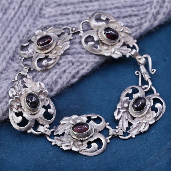 6.5”, vintage sterling 925 silver handmade swirly link bracelet with garnet, stamped sterling