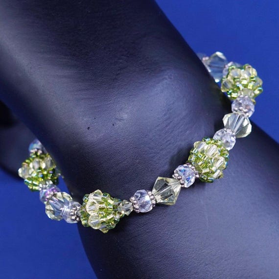 7”, vtg sterling silver handmade bracelet, 925 w/ green crystal beads View 5