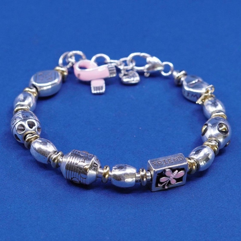 6.25+1”, vtg Brighton B Silver Tone bracelet, with heart charm “sister, mother image 1