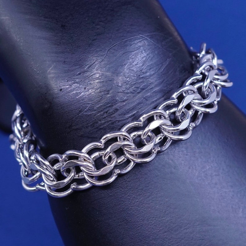 530151 12mm Sterling silver handmade charm bracelet solid 925 silver double curb link chain vintage stamped sterling 6.75