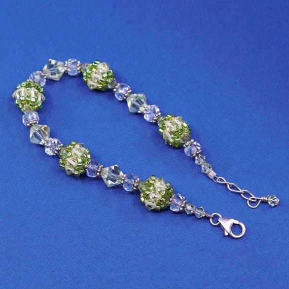 7”, vtg sterling silver handmade bracelet, 925 w/ green crystal beads View 4