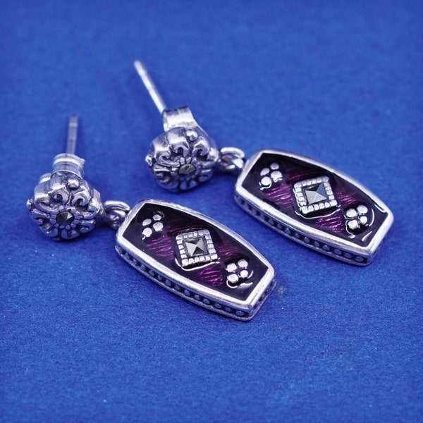 Vintage TMA sterling 925 silver handmade earrings with enamel and marcasite, stamped 925 TMA