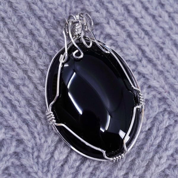 Vintage mexico sterling 925 silver handmade pendant with huge oval onyx, stamped 925