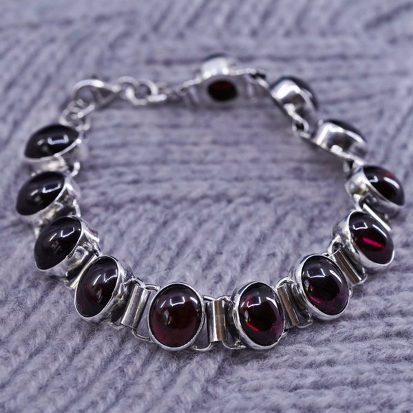 7.5", vintage Sterling 925 silver handmade tennis bracelet with oval garnet, stamped 925