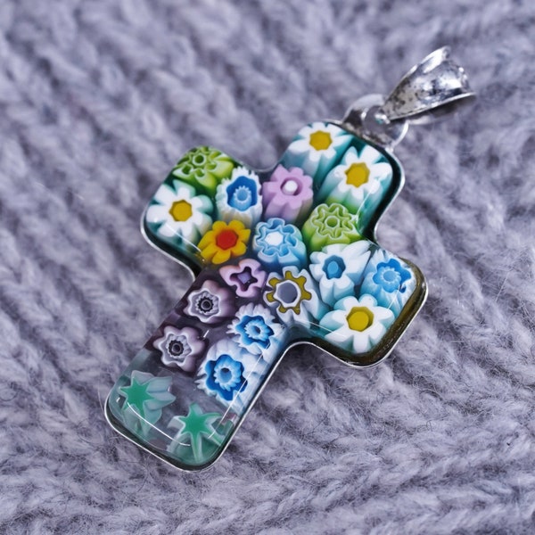 Italian sterling 925 silver pendant, multiciori cross, authentic murano glass, stamped 925