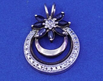 Vintage vermeil gold over Sterling silver handmade pendant, 925 flower circle with sapphire and diamond, stamped 925