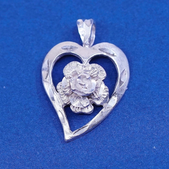 Vintage Sterling silver handmade pendant, solid 925 silver heart with flower
