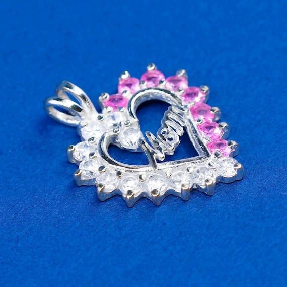 vtg Sterling silver handmade pendant, 925 heart w/ mom N pink Cz View 2