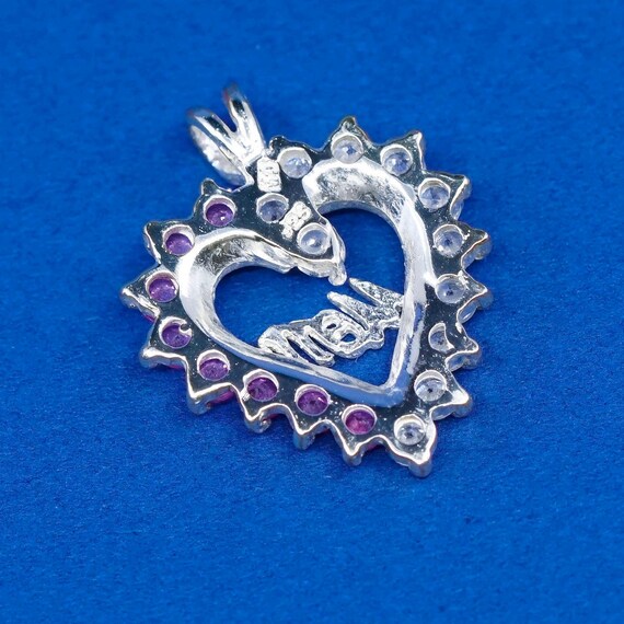 vtg Sterling silver handmade pendant, 925 heart w/ mom N pink Cz View 5