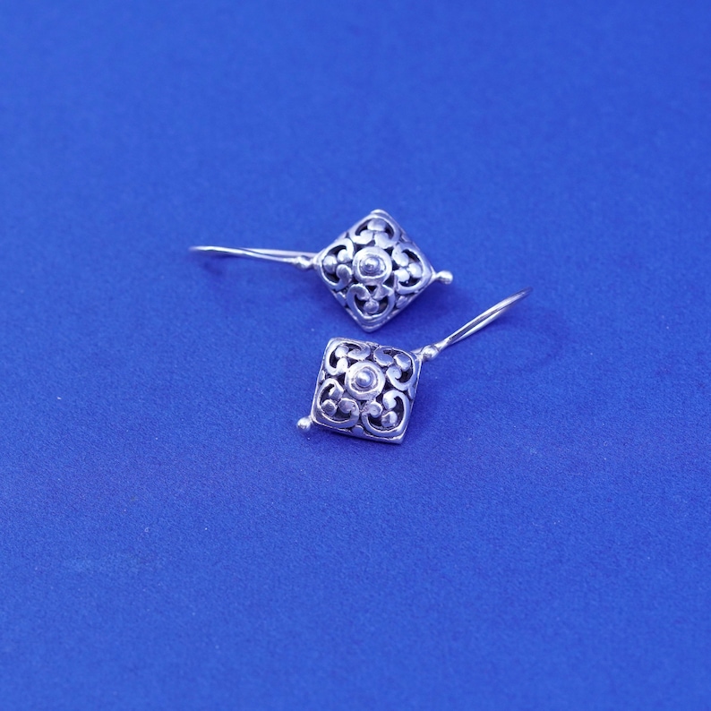 stamped 925 ATI 925 filigree Bali diamond drop Vintage sterling silver handmade earrings