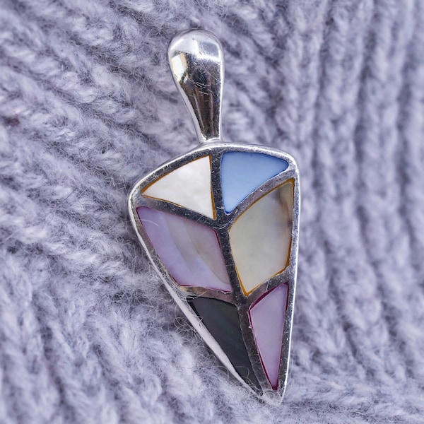 Vintage Sterling 925 silver handmade triangular pendant with pink and blue mother of pearl inlay, stamped 925