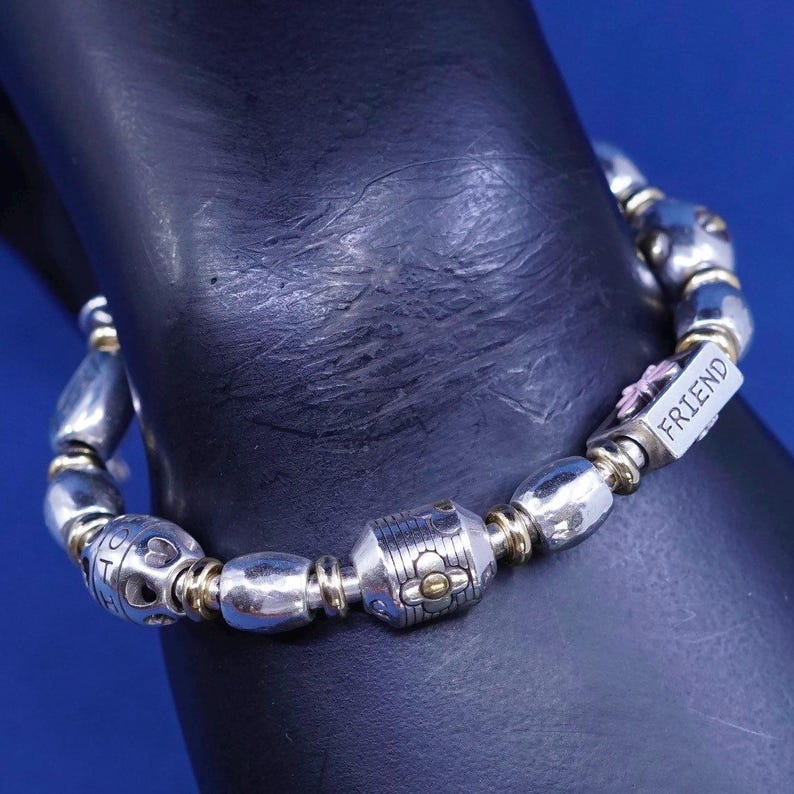 6.25+1”, vtg Brighton B Silver Tone bracelet, with heart charm “sister, mother image 3