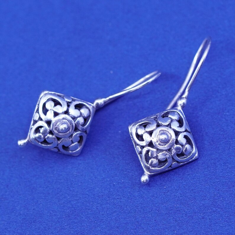 stamped 925 ATI 925 filigree Bali diamond drop Vintage sterling silver handmade earrings