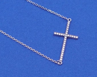 16”+2”, 1mm, vintage Sterling silver necklace, 925 circle chain with cross pendant and Cz, stamped 925
