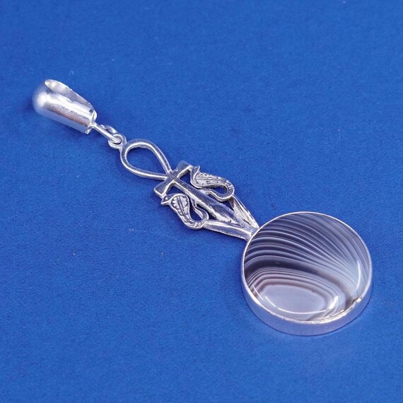 vtg sterling silver handmade pendant, 925 snakes w/ lace agate View 2