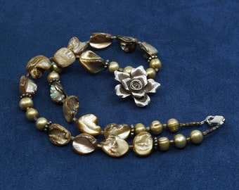 16", vintage Sterling silver handmade necklace, solid 925 silver with golden pearl beads and rose flower pendant, stamped 925