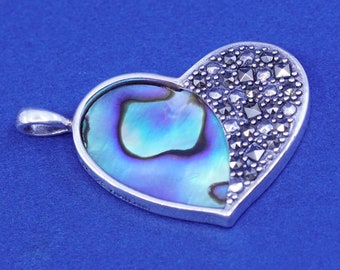 Vintage Sterling silver handmade pendant, 925 heart with abalone and marcasite, Stamped 925 thailand SLC