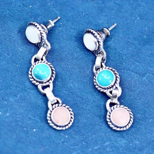 Vintage QT Quoc Turquoise Inc Sterling 925 silver handmade earrings with turquoise moonstone coral inlay, Stamped Sterling QT