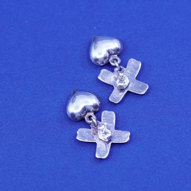 925 cross with heart Dangles Vintage Sterling silver handmade earrings stamped 925