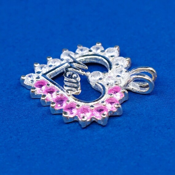 vtg Sterling silver handmade pendant, 925 heart w/ mom N pink Cz View 3