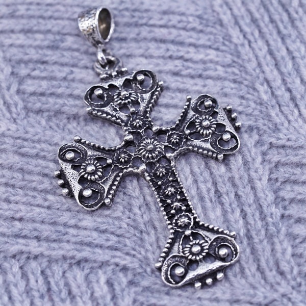 vintage Mexican Sterling silver handmade pendant, huge 925 bead textured cross charm, stamped 925 Mexico