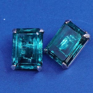 vtg Pat sterling silver handmade earrings, 925 w/ rectangular green glass