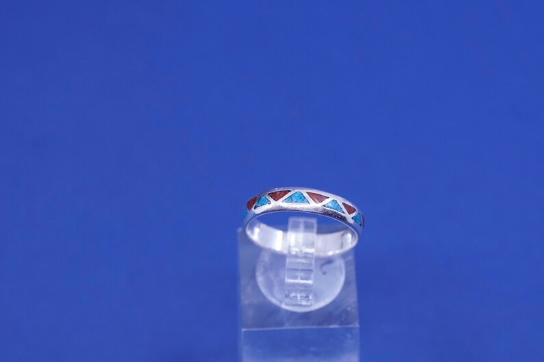 Size 8.5 stamped Sterli vintage zuni sterling silver handmade ring Native American 925 band with turquoise and coral inlay southwestern