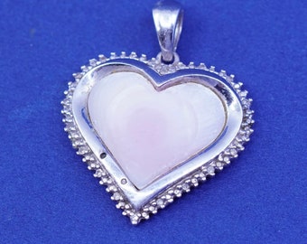 Vintage Sterling 925 silver handmade pendant with heart pink mother of pearl and diamond details, stamped 925 AV