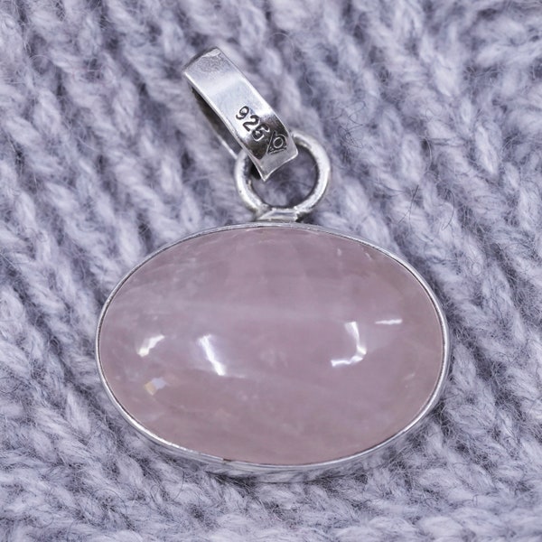 Vintage designer sterling silver 925 handmade pendant with rose pink Quartz, stamped 925