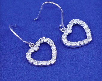 Vintage Sterling 925 silver handmade earrings, with heart Dangle and Cz, stamped 925