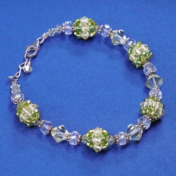 7”, vtg sterling silver handmade bracelet, 925 w/ green crystal beads