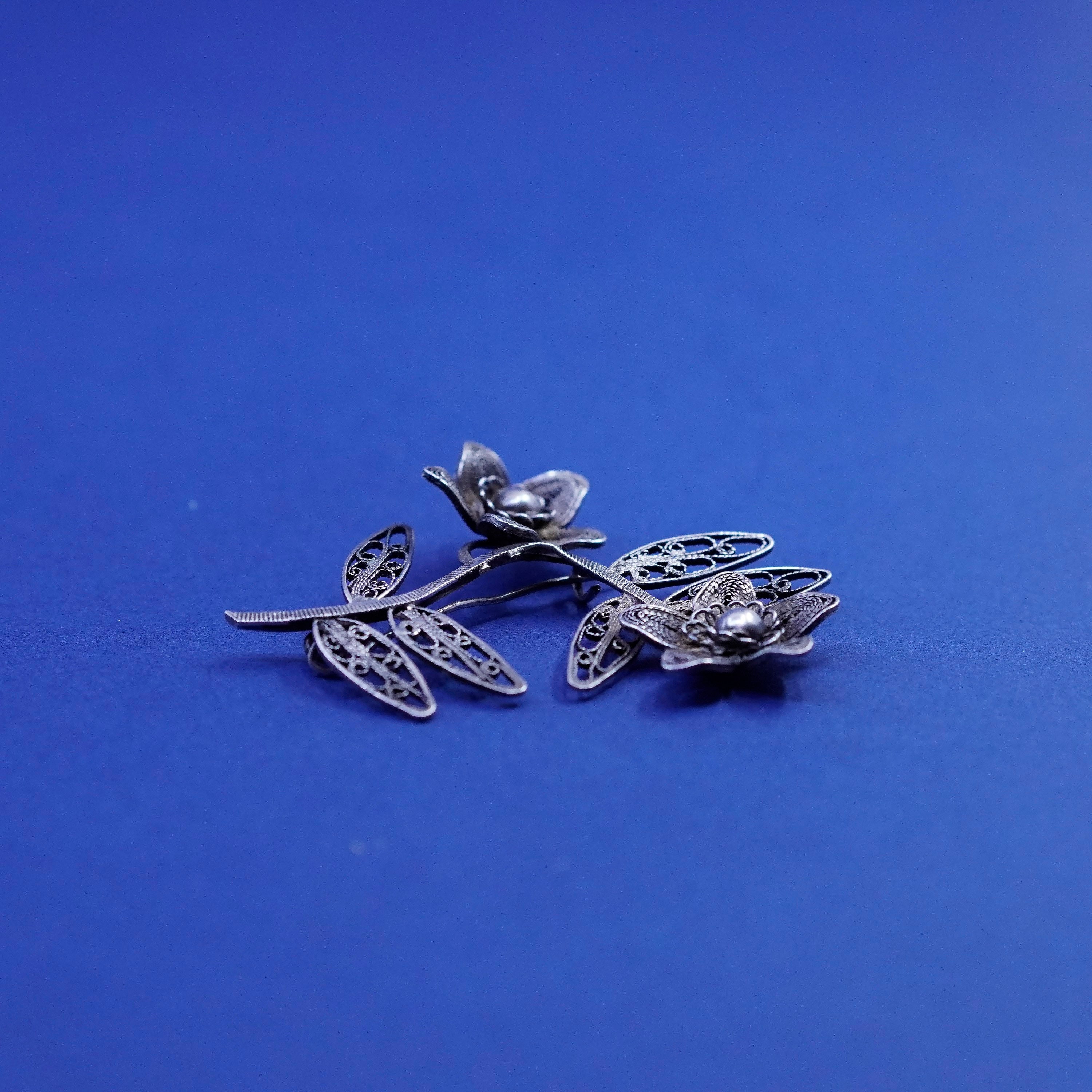 Vintage Sterling Silver Handmade Brooch, 925 Filigree Flower