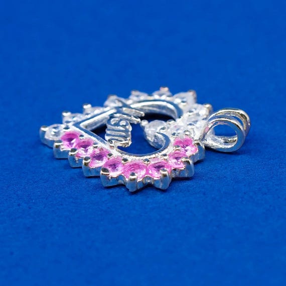 vtg Sterling silver handmade pendant, 925 heart w/ mom N pink Cz View 4