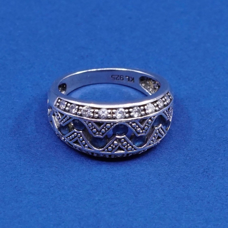 stamped 925 KL solid 925 silver with sapphire and crystal inlay sterling silver ring Size 6.25 510045 vintage