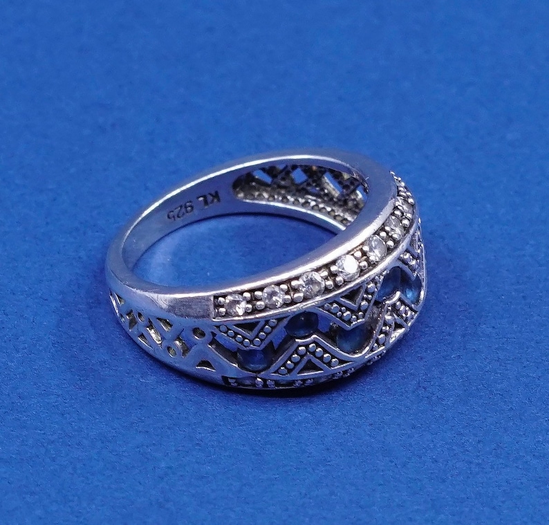 stamped 925 KL solid 925 silver with sapphire and crystal inlay sterling silver ring Size 6.25 510045 vintage