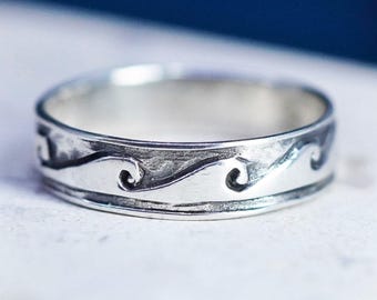 Anillo vintage de plata de ley 925 con forma de ola, talla 6,75, hecho a mano.