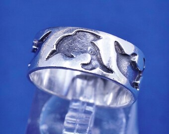 Size 8.25, vintage sterling silver handmade ring, 925 band with dolphin embossed, silver tested